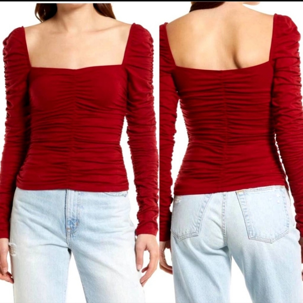 Reformation Esra Queen Anne Sweetheart Neck Top Ruched Red Sz M